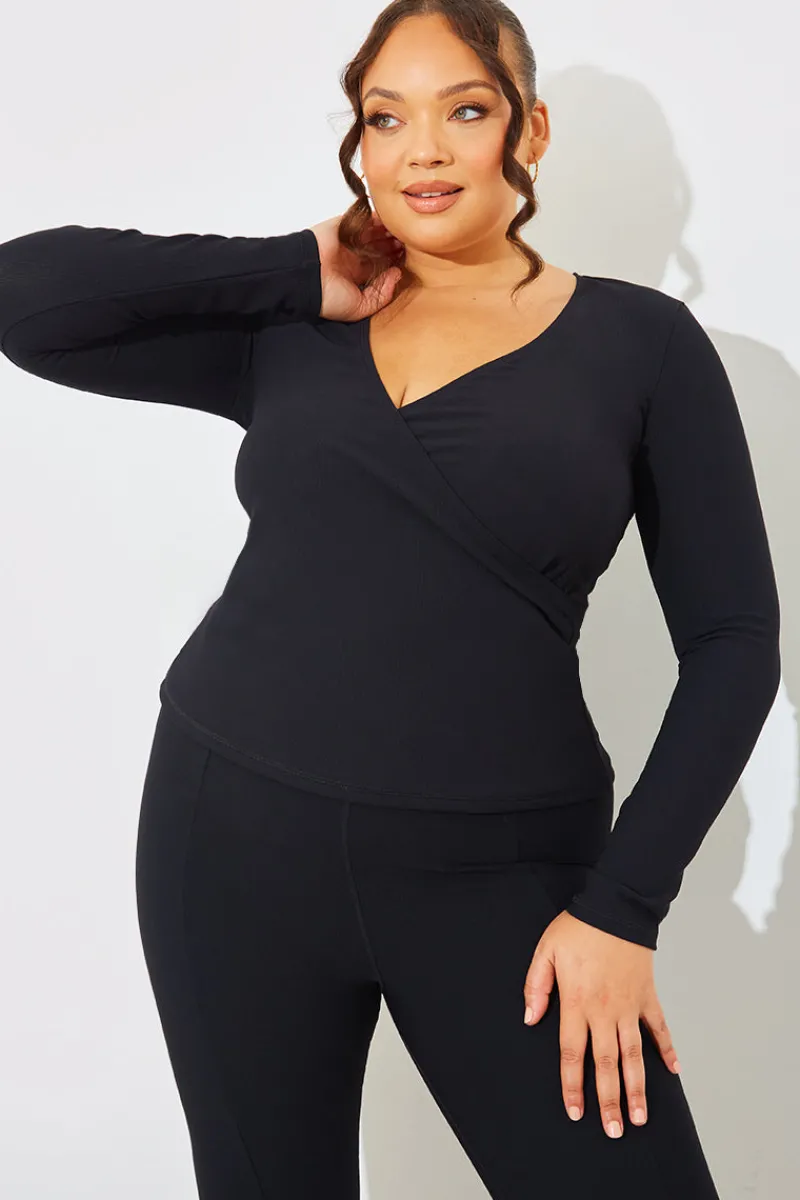 Wrap Front Rib Long Sleeve Top|In The Style Clearance