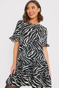 Zebra Smock Dress With Frill Sleeve|In the Style