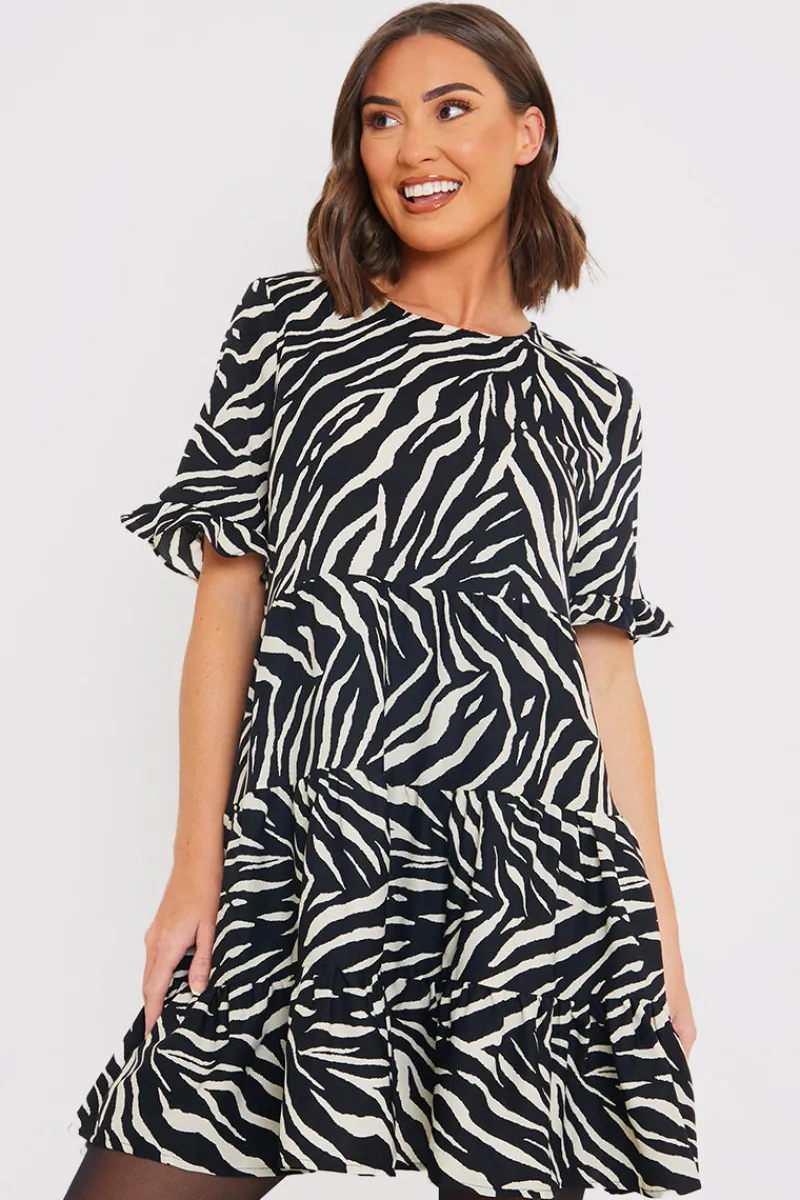 Zebra Smock Dress With Frill Sleeve|In the Style