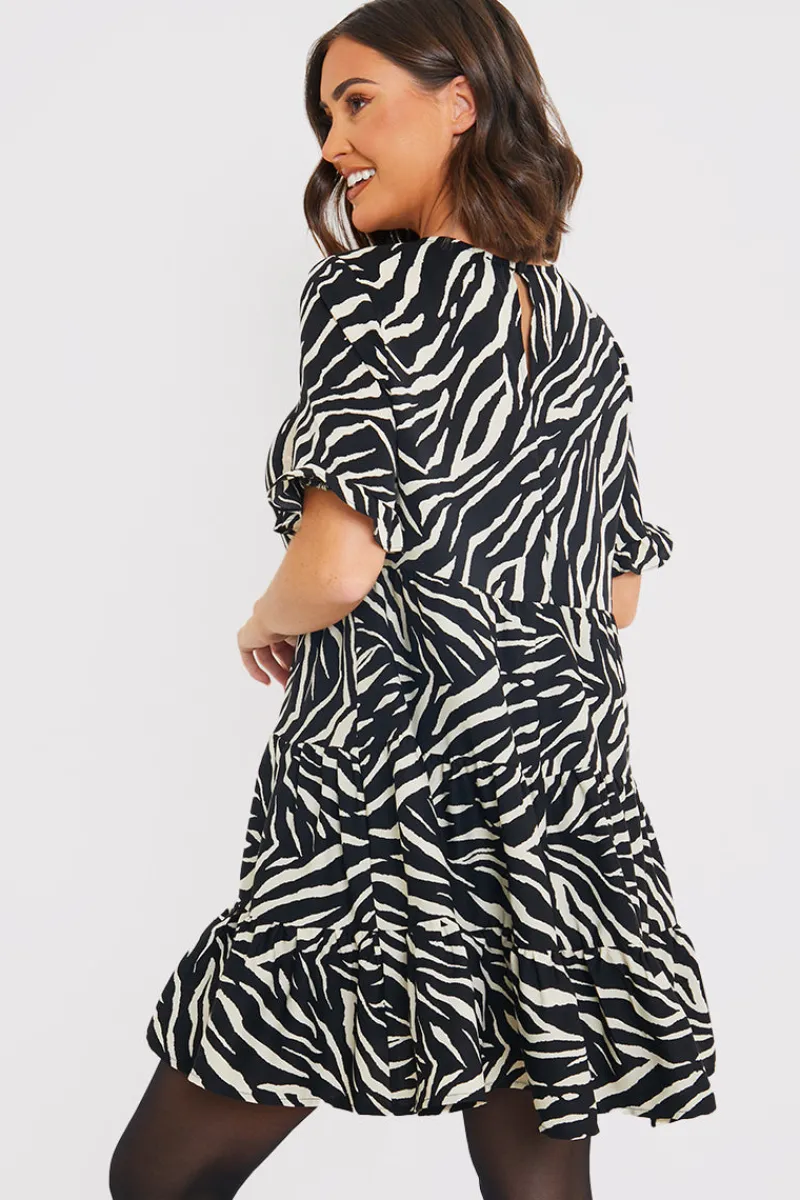 Zebra Smock Dress With Frill Sleeve|In the Style
