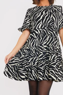 Zebra Smock Dress With Frill Sleeve|In the Style