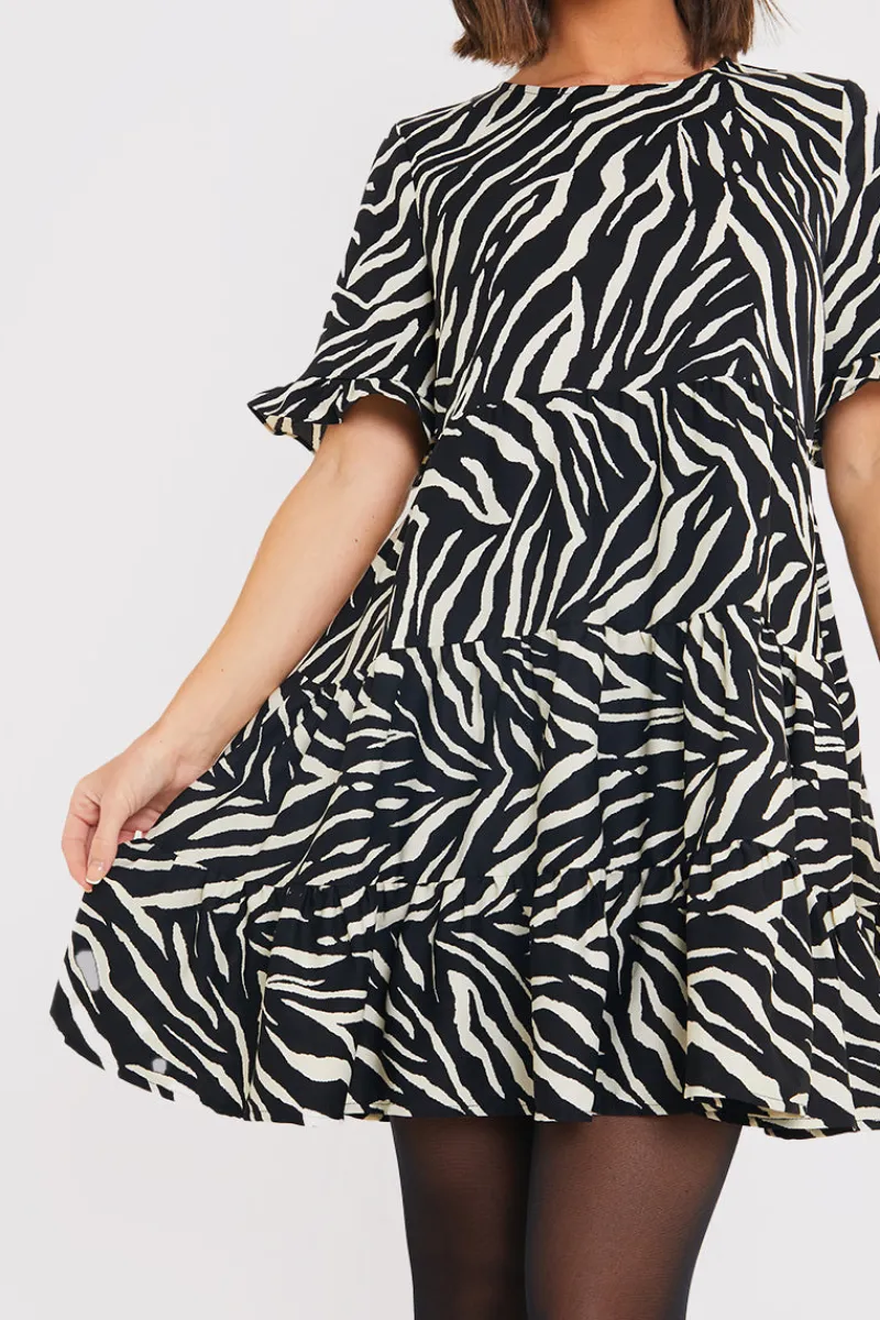 Zebra Smock Dress With Frill Sleeve|In the Style