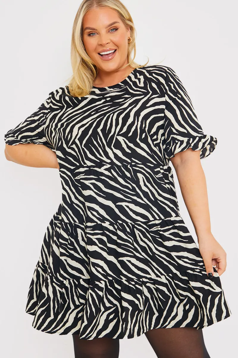 Zebra Smock Dress With Frill Sleeve|In the Style