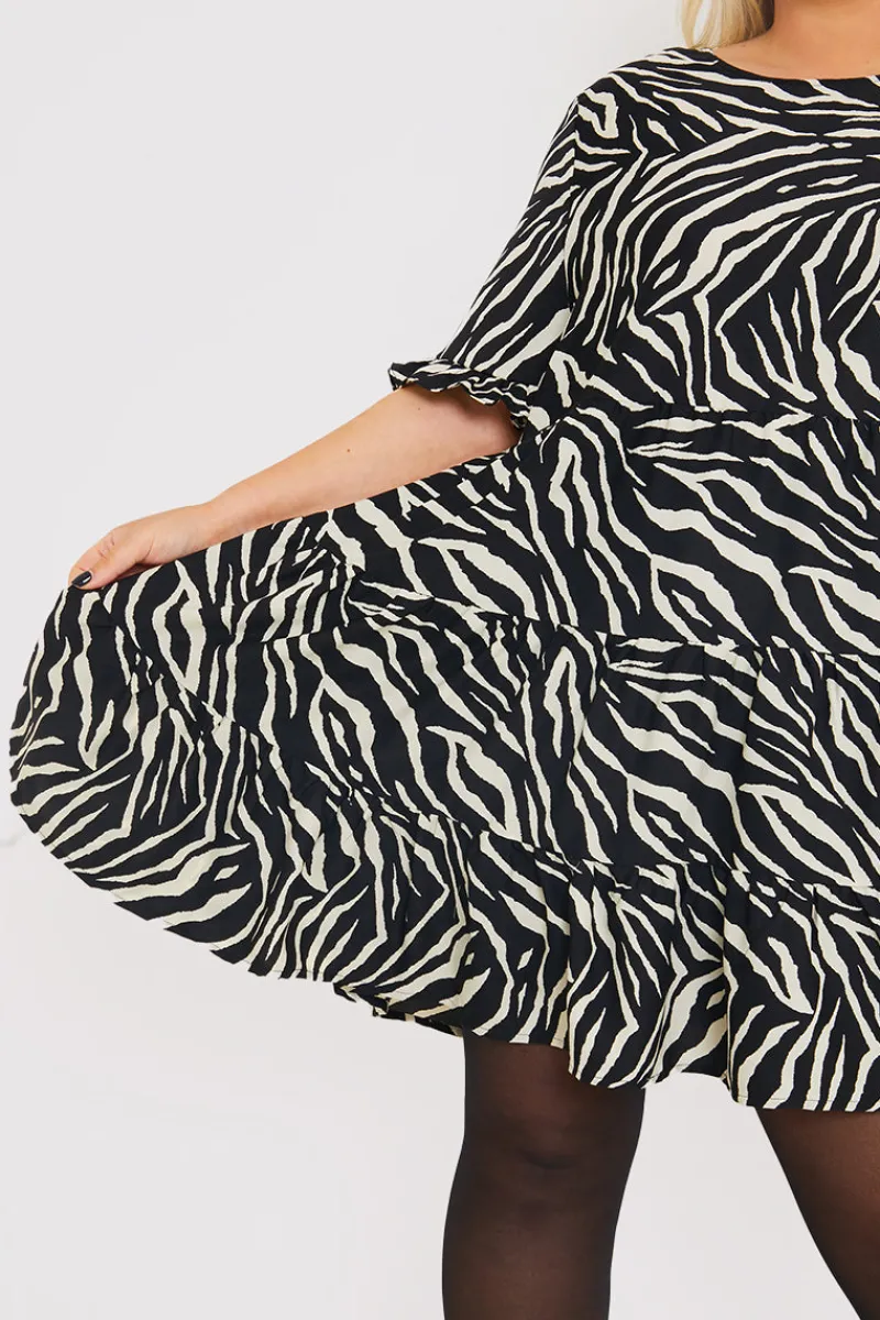 Zebra Smock Dress With Frill Sleeve|In the Style