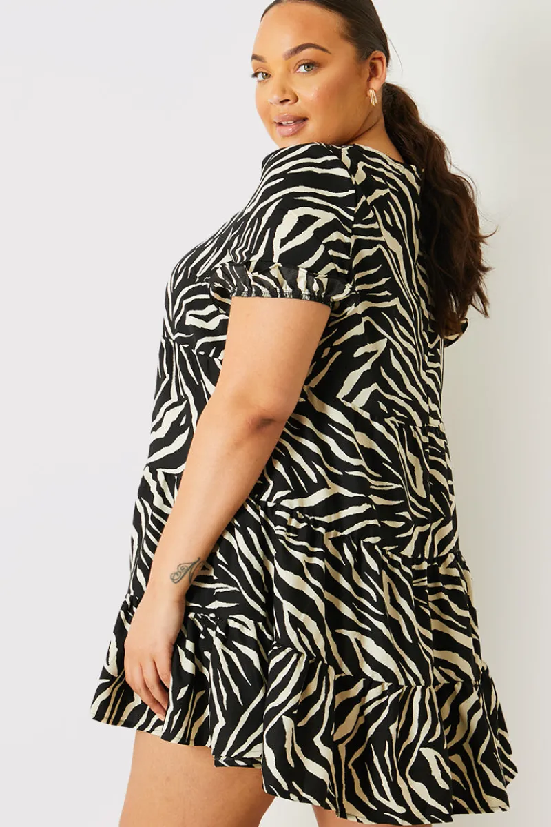 Zebra Smock Dress With Frill Sleeve|In the Style