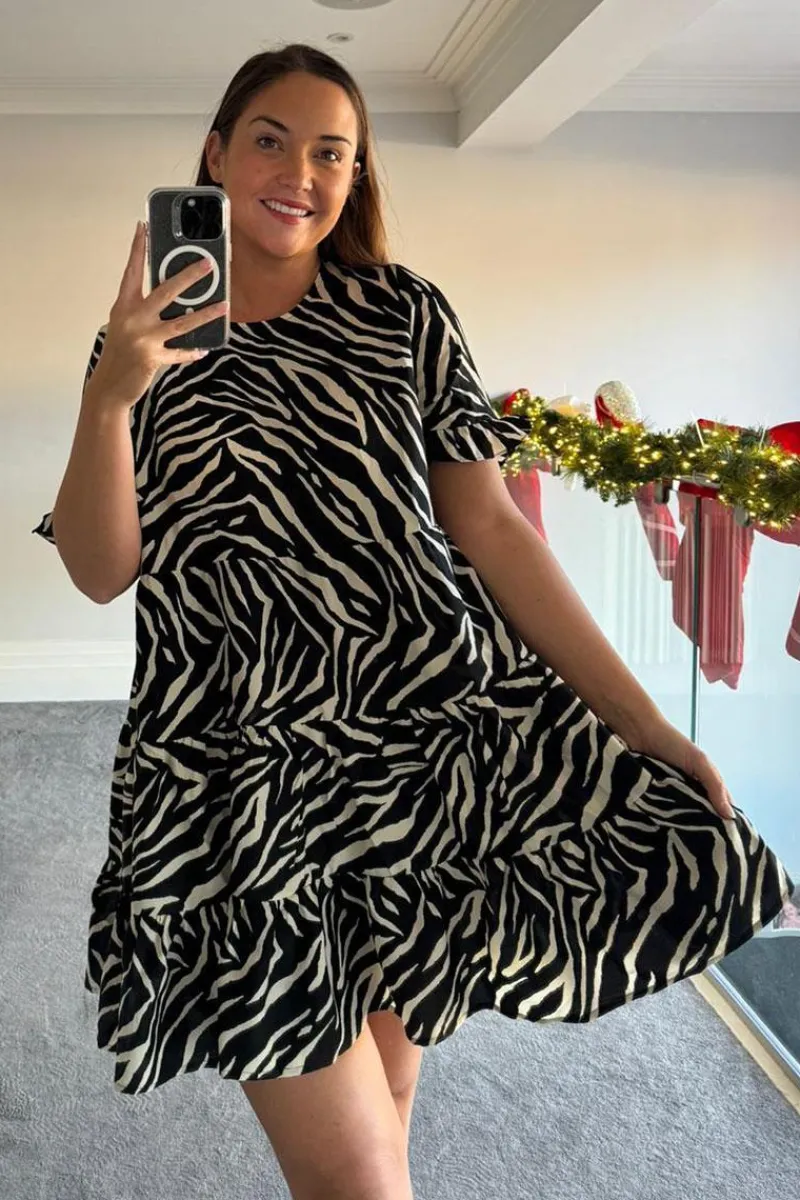 Zebra Smock Dress With Frill Sleeve|In the Style