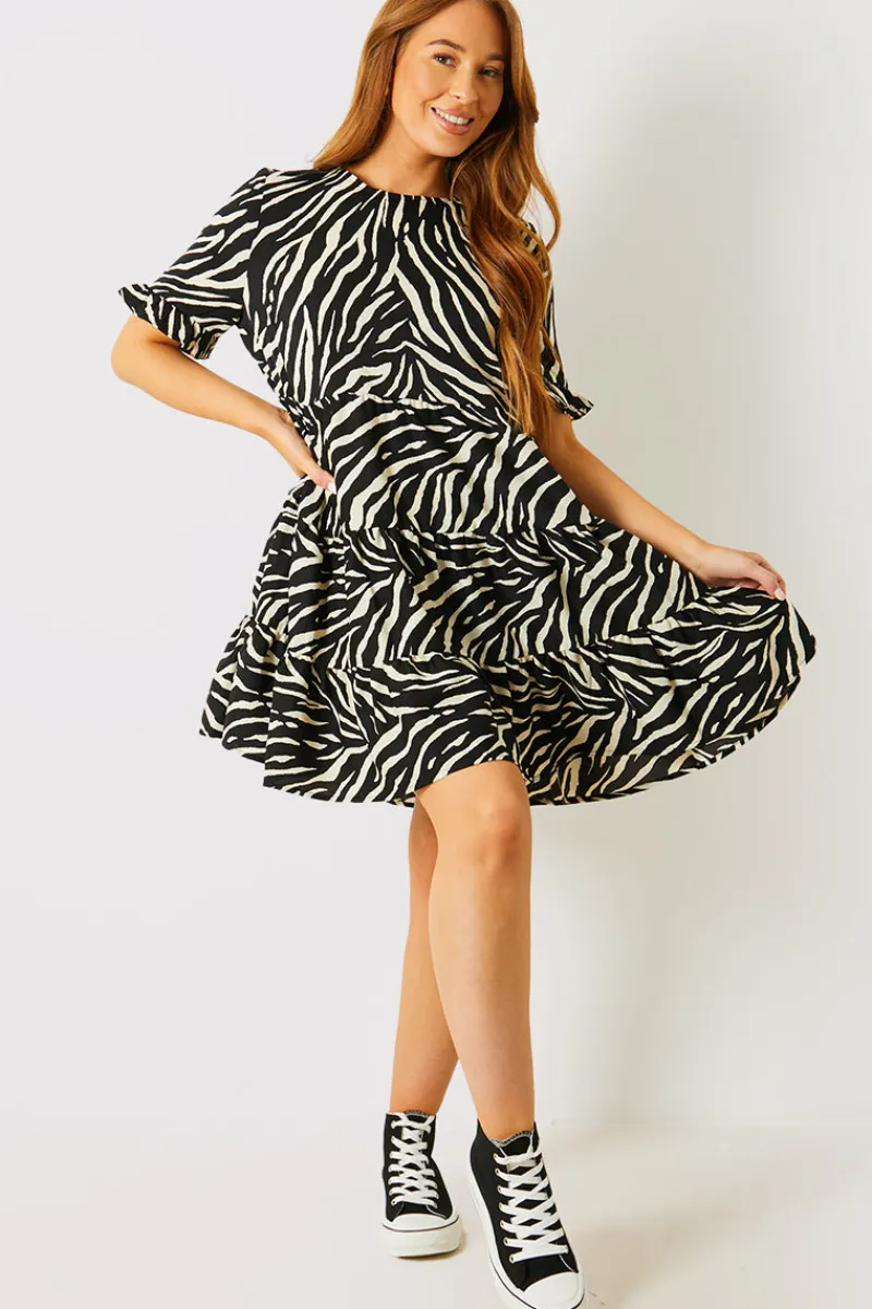 Zebra Smock Dress With Frill Sleeve|In the Style