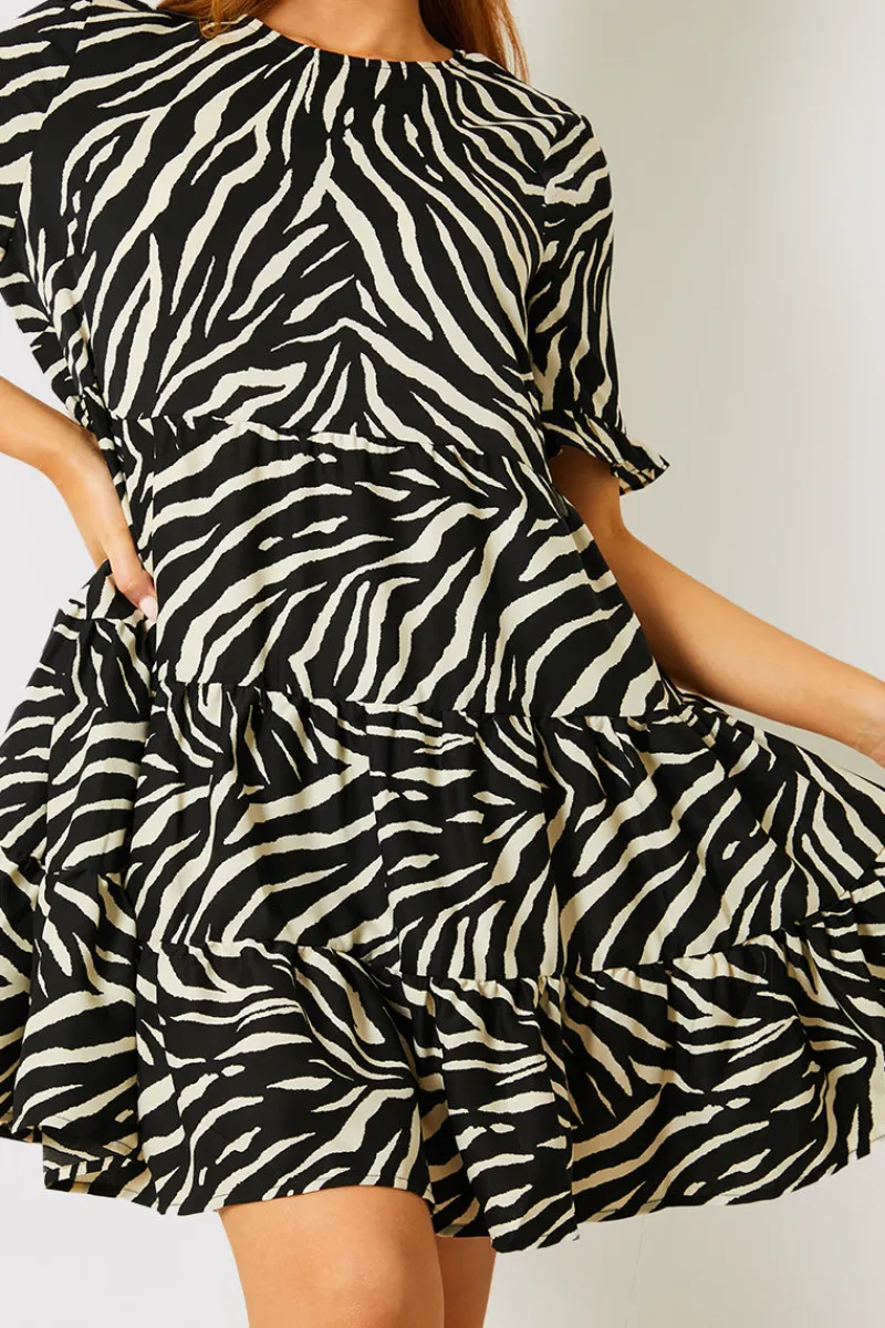 Zebra Smock Dress With Frill Sleeve|In the Style