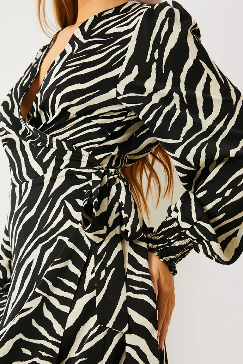 Zebra Woven Printed Wrap Midi Dress|In the Style Outlet